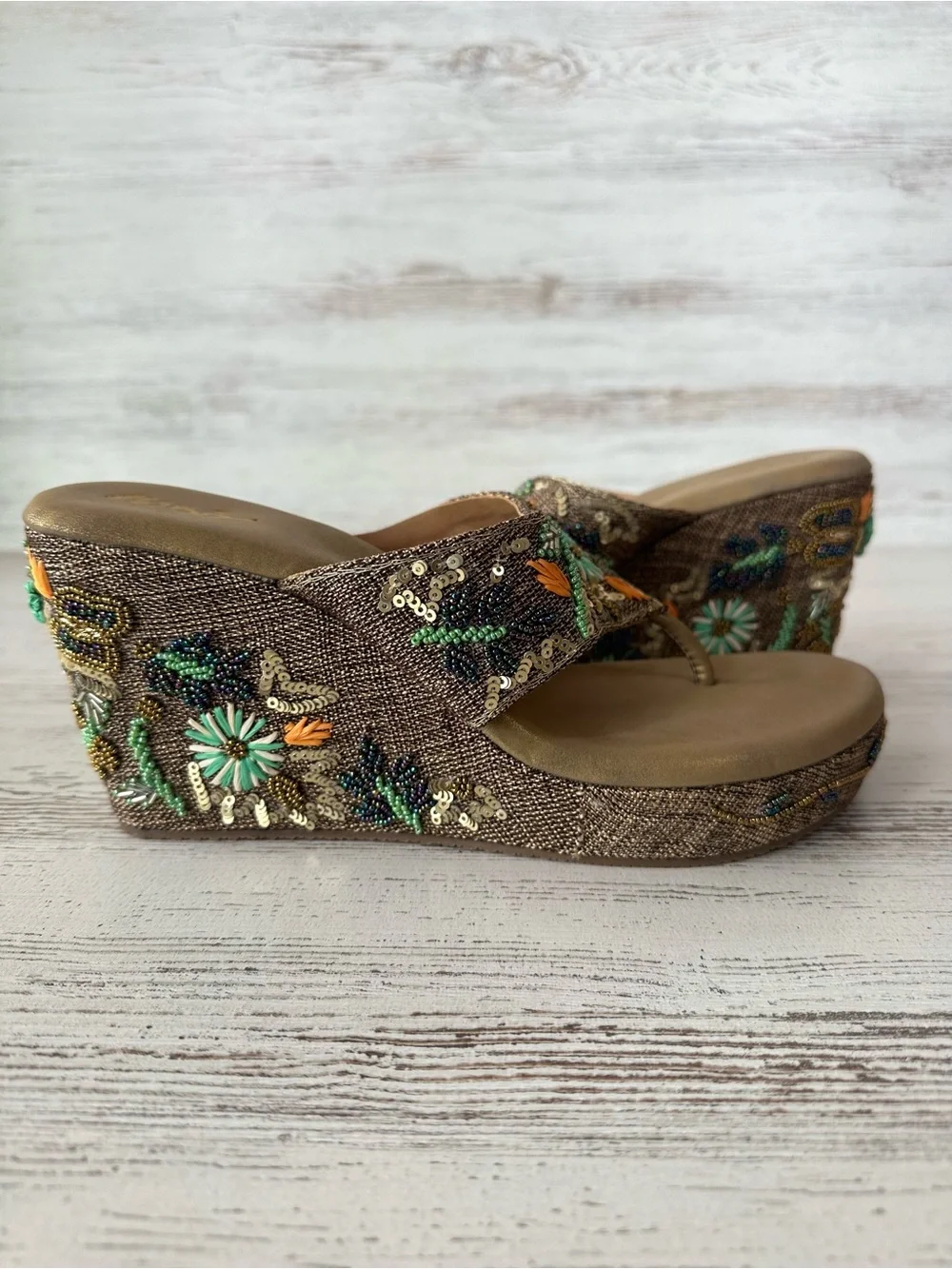 NWOT Beaded Sequin 3D Floral Platform Wedge Sandals 41 Butterfly Mixed Media